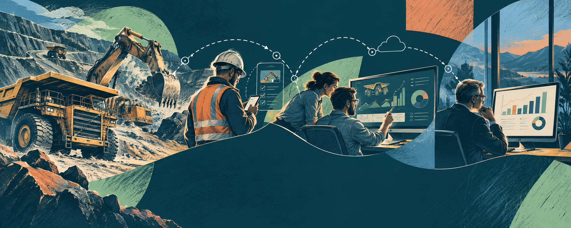 Heavy equipment teams connect field reporting, maintenance monitoring, and business analysis