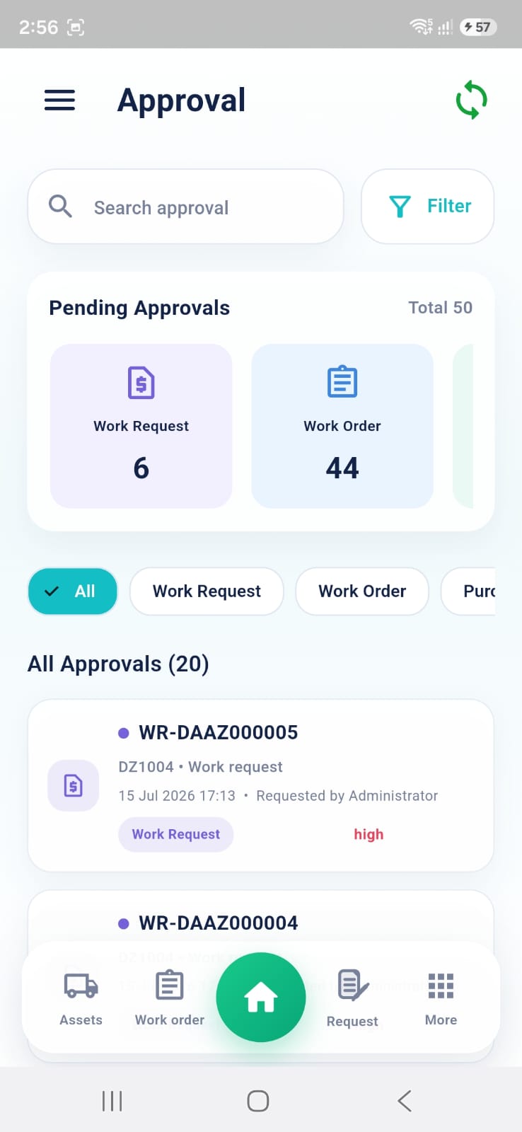Amtiss mobile approval dashboard with pending work requests and work orders