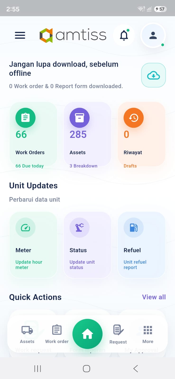Amtiss mobile home screen with work order, asset, and unit update shortcuts