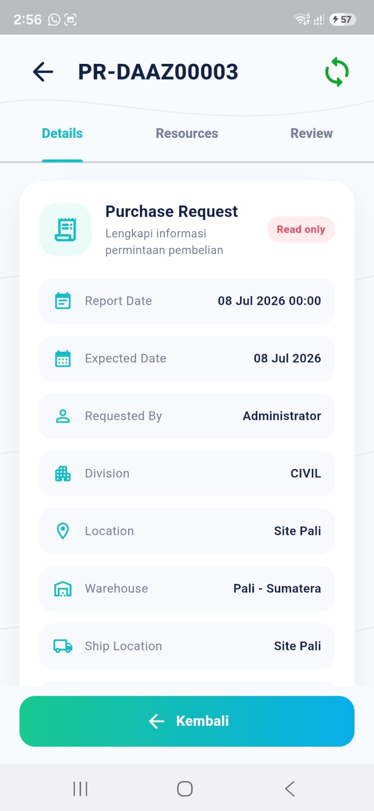Amtiss mobile purchase request details for an equipment site