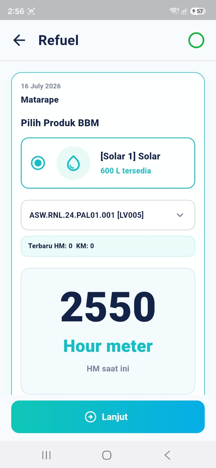 Amtiss mobile refuel form with fuel selection and hour meter reading